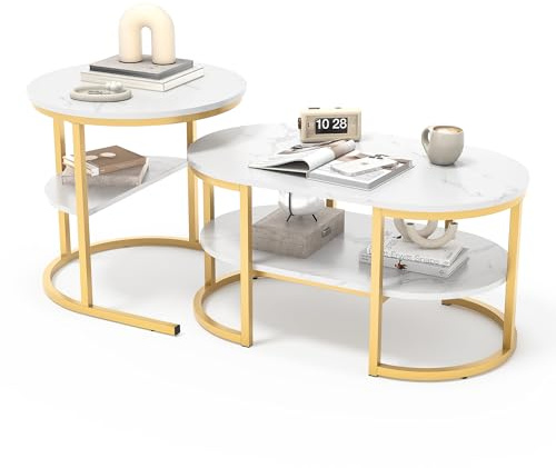 Ravas 2in1 Couchtisch Rund 2er Set, Wohnzimmertisch, Beistelltische Gold Metall, Kaffeetisch für Sofatisch,runder Beistelltisch und rechteckige Couchtische für Wohnzimmer, Schlafzimmer