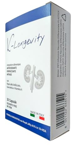 K-Longevity Integratore Alimentare Antiage Energizzante Antiossidante Con Royal Jelly (pappa reale) Quercetina Vitamina A. Supporta le difese Immunitarie e Combatte Fatica Stanchezza Radicali Liberi.