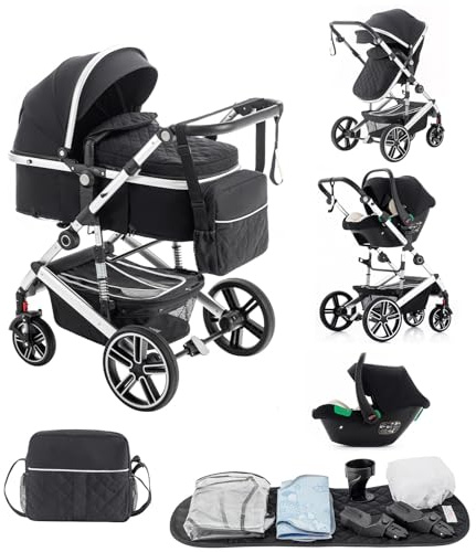 Lnhcrbs Baby Stroller 3 in 1, Aluminum Travel Frame with Clips, Foldable Pram with Rain Cover & Mosquito Net, Pushchair with Suitable for 0-48 Months, 22Kg,Black