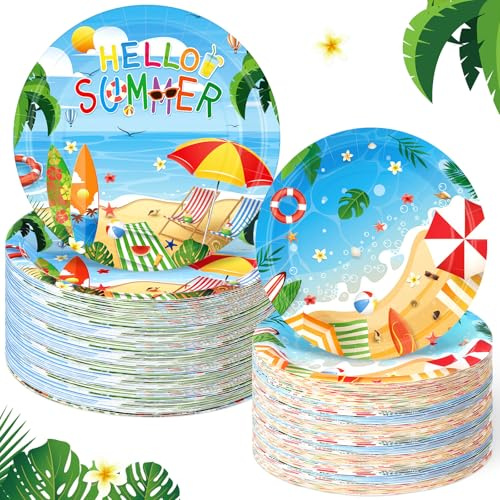 Maxdot 100 Pack Luau Paper Plates 9 & 7 Beach Hawaiian Tropical Disposable Dessert Plates for Holiday Summer Ocean Themed Party Supplies