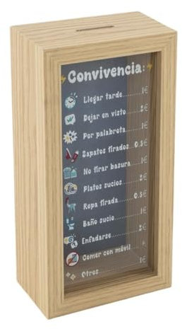 Hucha de Madera y Cristal, Torre de Ahorro, Varios Modelos, Viaje o multas de convivencia 20 x 10 x 6 cm (Normas Convivencia)