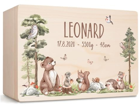 Little Deco Baby Erinnerungsbox personalisiert Waldtiere | 40 x 30 x 22 cm | Taufgeschenk Erinnerungskiste Holzkiste mit Name Geschenk zur Geburt für Junge und Mädchen XHL1050-02