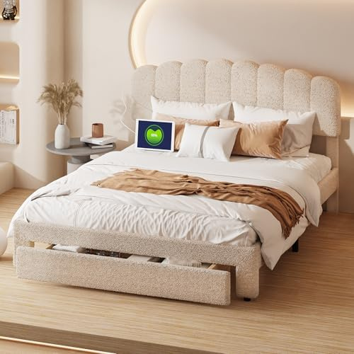 BRILVERDE Polsterbett 140x200 cm, Doppelbett mit USB Typ C, Jugendbett mit Große Schubladen und Kopfteil, Bettgestell mit Holz Lattenrost und Stauraum, Teddyfell (Beige, 140 x 200 cm)