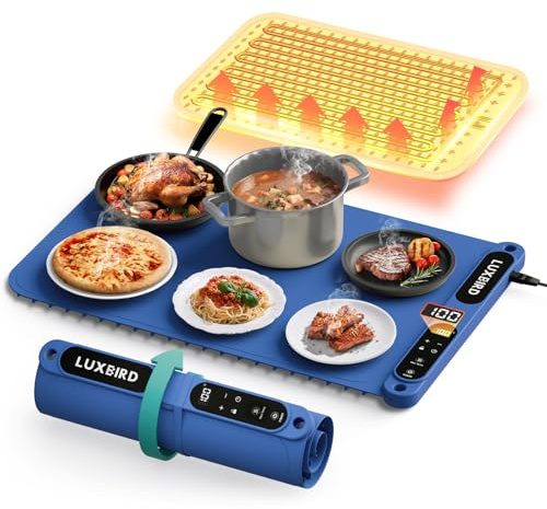 Luxbird Chauffe Plat Électrique, Plaque Chauffante Pliable Flexible avec 7 Réglages de Température et Minuterie, Fonction Verrouillage Enfant pour Maison Cuisine Buffets Fêtes Banquet, Bleu