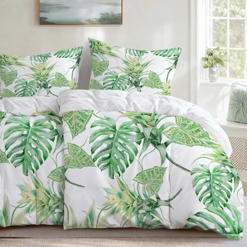 HOMHOMHA Bettwäsche-Set 135 x 200 cm, 4-teilig, grünes Pflanzenmuster, 2 Bettbezüge 135 x 200 cm + 2 Kissenbezüge 80 x 80 cm, Bettwäsche-Set aus Polyester-Mikrofaser mit Reißverschluss