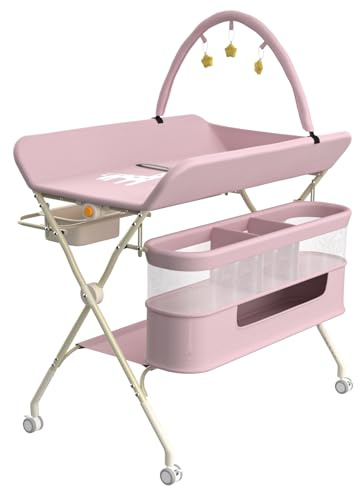 HUOLE Table à Langer, Pliable, Réglable en Hauteur, Jusqu'à 15 kg, 0-36 Mois, Organiseur de Couches, 5 Niveaux réglables, Panier de Rangement à Suspendre pour Nouveau-né, 75 * 68 * 83-91cm (B) Rose