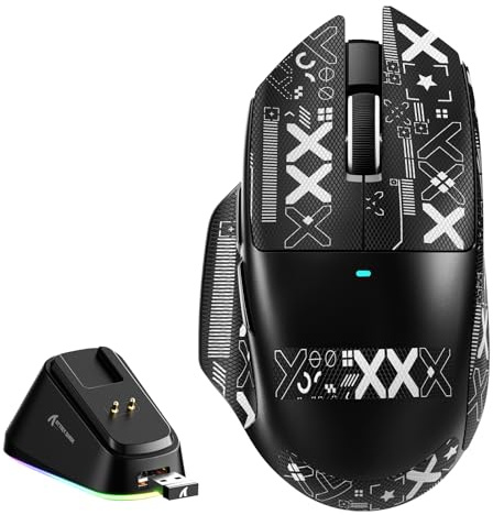 MAMBASNAKE x Attack Shark V6 Ratón Gaming Inalámbrico con Base de Carga Magnética, 65g Ultraligero, Sensor PAW3311, 25000 dpi, BT/2.4G/USB-C, 100M Clics,500mAh para Diestros–Negro+Grip Tape