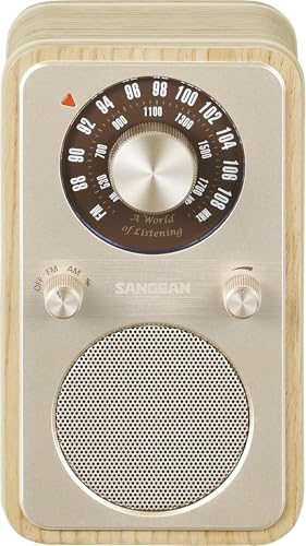 Sangean WR-9 - Radio FM Bluetooth portátil, diseño retro en caja de madera auténtica, para casa y de viaje, batería integrada para 54 horas de reproducción de música, color blanco ceniza