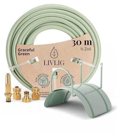 LIVLIG53 Juego de manguera de jardín de 30 m, juego completo de riego de jardín con manguera de agua de 1/2 pulgadas, soporte de pared de acero y pulverizador de latón para jardín, juego de manguera