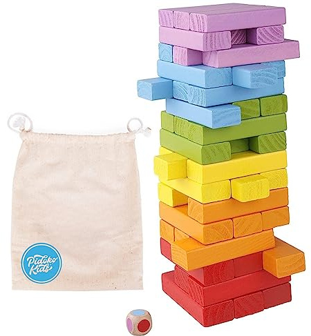 Pidoko Kids Wooden Stacking Building Blocks (49 Pcs) - Colorful Tumbling Blocks Board Games for Family Game Night - Montessori Toys Gifts, Includes Storage Bag