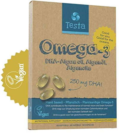 Testa Omega 3 - Huile d'Algues - Oméga 3 Vegan Supplément – Super concentré DHA 250 mg par capsule – Bon pour le Coeur et les Yeux – 60 gélules – 2 mois de stock
