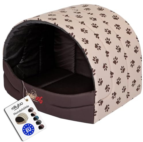 millybo Hundehütte Hundehöhle Hundebett Hundehaus S-XL (R3 (55 x 43 cm), beige mit Muster (Pfötchen))