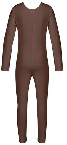 Agoky Unisex Mädchen Jungen Basic Ganzkörperanzug Einteiler Schlafanzug Jumpsuit Kostüm Ballettanzug Overall Langarm Body Braun 140-152