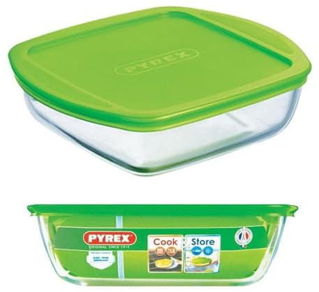 Pyrex Microwave Safe Classic Sqaure Glass Dish with Vented Lid 1 Litre Green (Pack of 2)