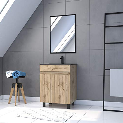 Aurlane Bathroom Cabinet with 2 Doors/Basin Black/Mirror, 60 x 80 cm, Natural Oak