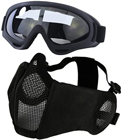 Yzpacc Airsoft Mask with Goggles, Foldable Half Face Airsoft Mesh Mask with Ear Protection for Paintball Shooting Cosplay CS Game