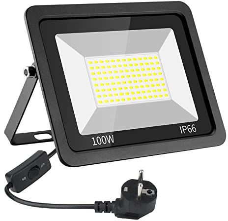 Eleganted LED Strahler Außen 100W,Superhell 10000LM LED Fluter Flutlicht mit Stecker 6500K Kaltweiß Baustrahler Scheiwerfer IP66 Wasserfest Aussenstrahler für Hof Garten Garage Sportplatz