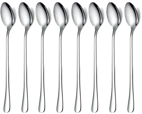 HOMQUEN Löffel mit Langem Griff, Kaffeerührer, Premium-Edelstahl-Kaffeelöffel, Eisteelöffel, Eislöffel, Cocktail-Rührlöffel, Teelöffel, 8Er-Set (Silber)