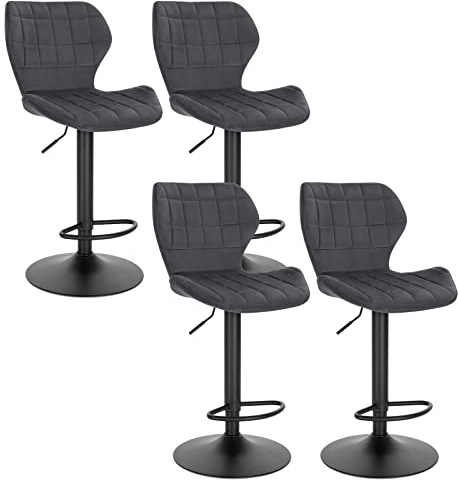 WOLTU Barhocker 4er Set höhenverstellbarer Hocker 60-82 cm 360° Drehstuhl mit Rückenlehne Fußstütze Barstuhl aus Samt Metall Stehhocker Dunkelgrau BH324dgr-4