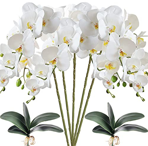 5 Künstliche Phalaenopsis-Blumen,Künstliche Orchidee Mit Künstliche Orchidee Blätter 2 Bündeln, Party, Büro, Terrasse, Hof, Heim-Blumendekoration