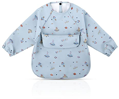 Vicloon Baby Lätzchen mit Lange Ärmeln,Wasserdicht Ärmellätzchen mit Tasche,Kinderlätzchen für Essen Kunst Handwerk Malerei Bemalen Spielen von 6 Monaten bis 12 Monaten -Blau