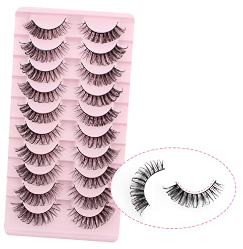 Oreola Lot de 10 paires de faux cils en forme d'œil de chat avec bande russe naturelle, courbure D et volume - 10 paires de cils artificiels bouclés réutilisables