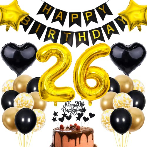 Cnrose 26. Geburtstag Dekoration,Schwarz Tortendeko Geburtstag 26 Jahre Mann,Party Deko Gold Schwarz,26 Geburtstag Männer Frau,Tortendeko 26. Geburtstag Frauen,Geburtstagsdeko 26 Jahre Mann