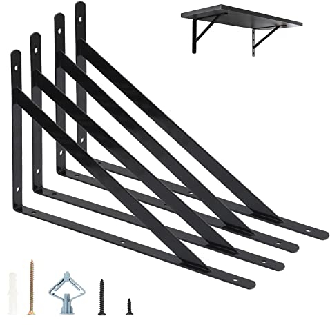 Regalhalterung 400 X 250 mm, 4 Stück Regalwinkel Schwarz Metall 16 Inch, 90 Grad Regalträger, Regalträger für Wandmontage und Gipskarton, Tragkraft 120 kg