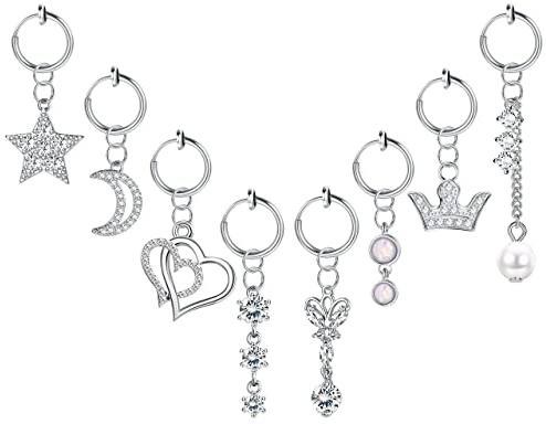 Sllaiss 4-8Pcs Faux Piercing au ventre 16G Non Piercing Set Clip en acier inoxydable Anneau de bouton Trendy Moon Star Crown Love Heart Dangle Clip sur le nombril