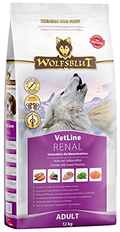 WOLFSBLUT – VetLine Renal | Diät Trockenfutter für ausgewachsene Hunde zur Unterstützung der Nierenfunktion. Getreidefreies Alleinfutter im Beutel | 12kg Huhn mit Süßkartoffeln