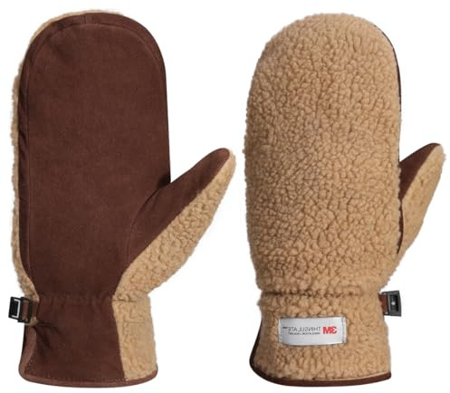 Harssidanzar Damen Winter Lederhandschuhe Outdoor Warm gefüttert Skifahren Fäustlinge SL020EU,Kamel/Dunkelbraun, Größe M