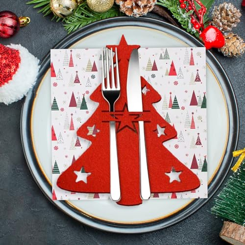 12Stück Besteckhalter Weihnachten Filz Tannenbaum Rot + 20Stück Weihnachten Servietten Weihnachtsbaum Motiv, Tischdeko Weihnachten, Weihnachtsbaum Bestecktaschen für Weihnachtstischdekoration Party