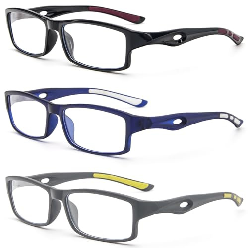 KoKoBin 3er pack Rechteck Lesebrille Sportliches Design TR90 flexible Anti-Blaulicht Lesehilfe Damen für Herren (3er-Pack (schwarz blau grau), 2, x)