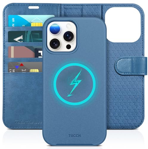TUCCH Hülle für iPhone 15 Pro Max (6,7 Zoll), Handyhülle, Blau | 2-IN-1, Abnehmbar, Magnet, Kabellos Laden, Kartenfach, Lederhülle, RFID Blocker, Schutzhülle