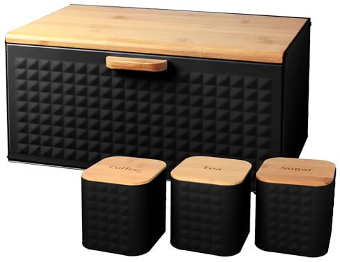 RLS White Set of 4 Tea, Coffee, Sugar canisters and Bread Storage Container Set (NEW-WL-N001 WL-1132-BLACK)