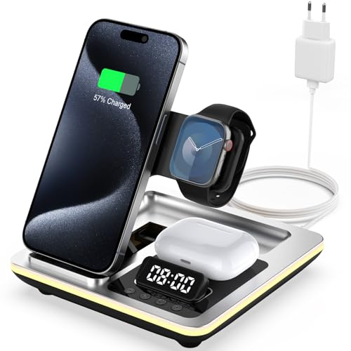 HATALKIN 5 in 1 Apple Induktive Ladegerät,Faltbar Ladestation Kompatibel mit iPhone 17 Pro Max/Pro/Air/16/15/14 Apple Watch 11/10/Ultra 3 AirPods Pro 3/2,Wireless Charger mit Wecker und Nachtlicht