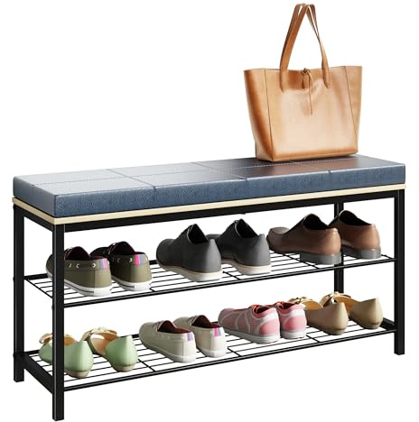 VCM Schuhregal 90x30x48 cm 2 Fächer Sitzbank Metall Holzwerkstoff | Schuhablage mit Sitzfläche - Flur oder Diele - Familien - für mehrere Paar Schuhe - mit stabiler Konstruktion