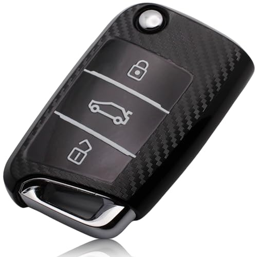 FOAMO Autoschlüssel-Hülle Kompatibel Mit VW Golf 7, SEAT, Skoda - TPU Schutz-Hülle für Schlüssel, Carbon Schwarz