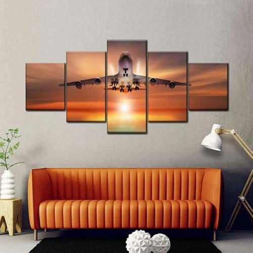 WKXTECZT Leinwand Bilder 5 Teilig Weißes Flugzeug Start Wandbilder Wohnzimmer Modern Bilder, Poster, Kunstdrucke Büro Flur Bad Küchebilder -Ungerahmt