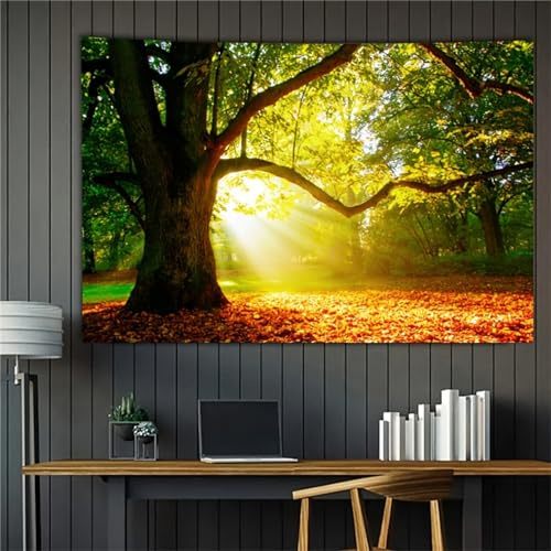 Arsey Tapisserie murale d'arbre - Tapisserie murale de forêt - Ciel ensoleillé - Tapisseries aux feuilles tombées - Paysage naturel - Décor esthétique pour chambre à coucher et salon, 200x150 cm