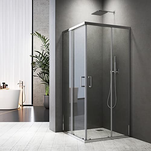 Duschkabine Eckeinstieg mit Doppel Schiebetür 80 x 80 cm Eckdusche Duschabtrennung Duschschiebetür 6 mm ESG Glas Dusche,Höhe 185 cm,Silber,Langer Griff