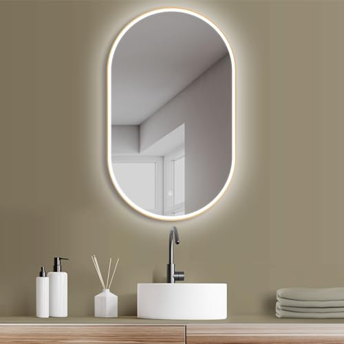 HOKO Wandspiegel oval 45x75 cm / 75x45 cm Alicante mit Energiesparend LED Beleuchtung und Metall Rahmen Gold. Touch Schalter, LED stufenlos Wechsel 2700K-6500K Warmweiß-Kaltweiß-Neutral