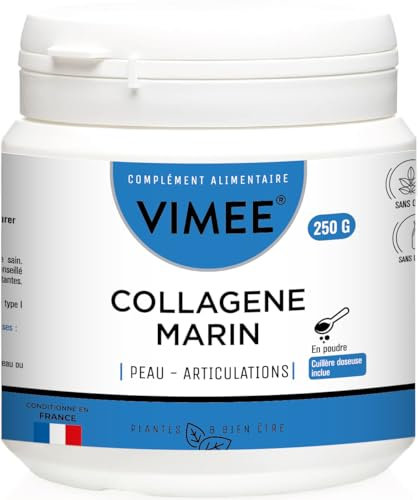 Collagène Marin en Poudre Vimee - Collagène Naticol Hydrolysé, Peptides de Type 1 et 3, Vitamine C - Complément Peau, Articulations - 250 G - 25 Jours