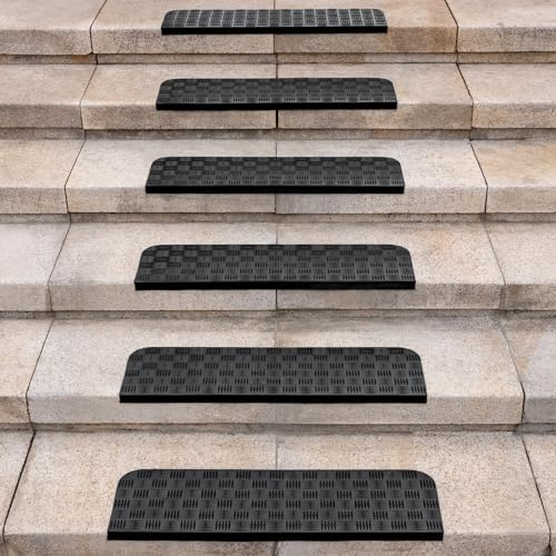 Spurtar 6er Set Stufenmatten Außen Treppenstufen Matten Antirutsch Gummi | Synthetischer Gummi mit Stufenkante, rutschfeste Gummimatte Außenbereich Treppenteppich Outdoor Teppich 65 x 25cm