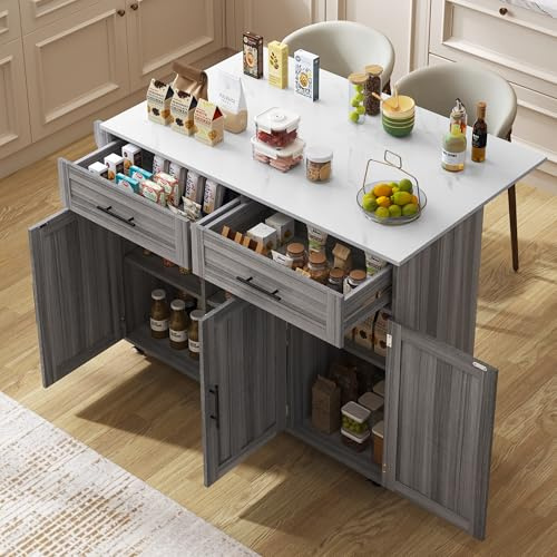 Desserte îlot de Cuisine sur Roulettes, Meuble de Cuisine avec Plans de Travail Rabattable en Bois, Porte-torchons, 2 Tiroirs, 3 Portes avec Rangement, Chariot de Service MDF, 129x71x91,5cm, Gris