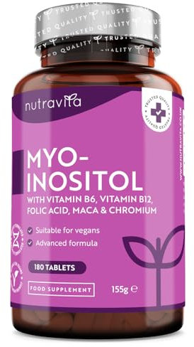 Myo-Inositol Tablets with Folic Acid, Vitamin B6, B12, Maca and Chromium - PCOS Support Supplement - 180 Vegan Tablets - Prenatal Vitamins for Women - Alternative to Inositol Powder - Nutravita