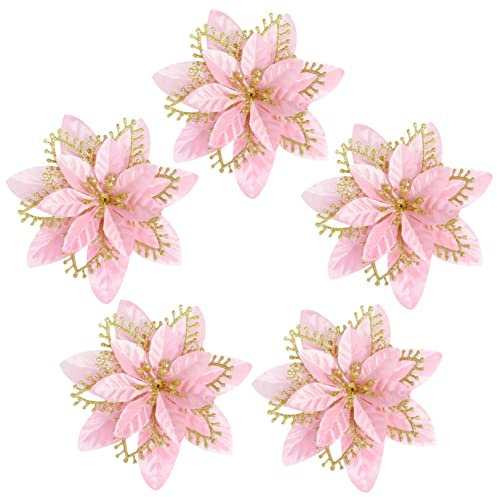 dvnFWKc Decorate Artificial Flowers, 5 stücke Glitter Künstliche Blume Bunte Weihnachtsstern Blumen for Startseite Xmas Tree Ornament Hochzeit Kranz Decor(Pink)