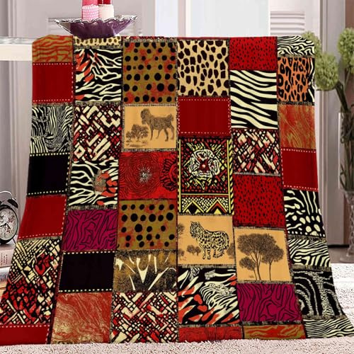 Couverture Plaid Style Ethnique Africain Rayures Patchwork Rouge Plaid Polaire, Couverture et Plaid Canapé Grande Taille en Flanelle Douce et Chaude, Confortable pour Enfants et Adultes, 130x150 cm