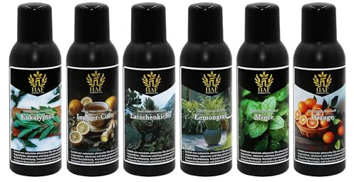 HAF Saunaaufguss Set „Frische Briese“ - 6 x 250ml Sauna Aufgussmittel Eukalyptus, Ingwer-Citro, Latschenkiefer, Lemongras, Minze, Orange - Saunaduft mit natürlichen ätherischen Ölen & ohne Zusätze