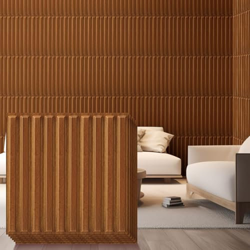 Nuanchu 32 Pcs 3D Slat Wall Panels 12 x 12 Inch PVC Fluted Textured Panel Cuttable Glue up Wall Art Decorative Tiles for Ceiling Studio Bathroom Interior TV Background (Teak Grain)